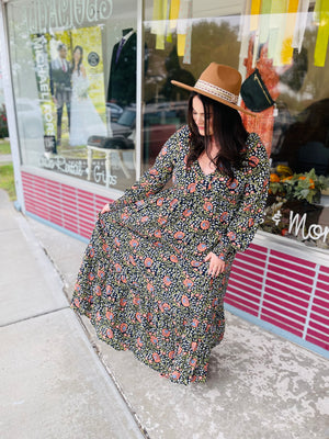 Black Floral V Neck Maxi Dress