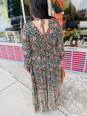 Black Floral V Neck Maxi Dress