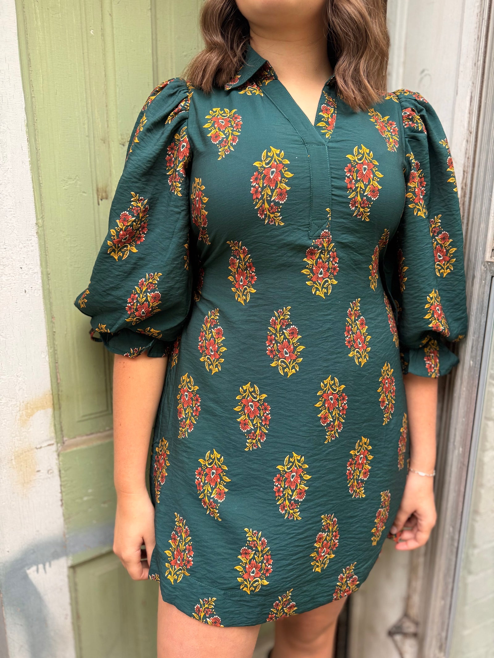 Hunter Green Floral Print Puff Sleeve Mini Dress