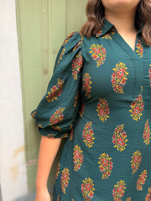 Hunter Green Floral Print Puff Sleeve Mini Dress