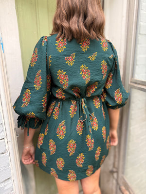 Hunter Green Floral Print Puff Sleeve Mini Dress