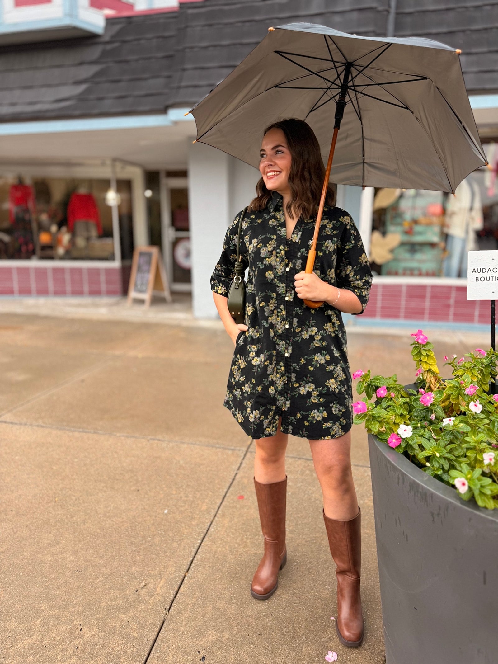 Black Denim Floral Button Up Mini Dress