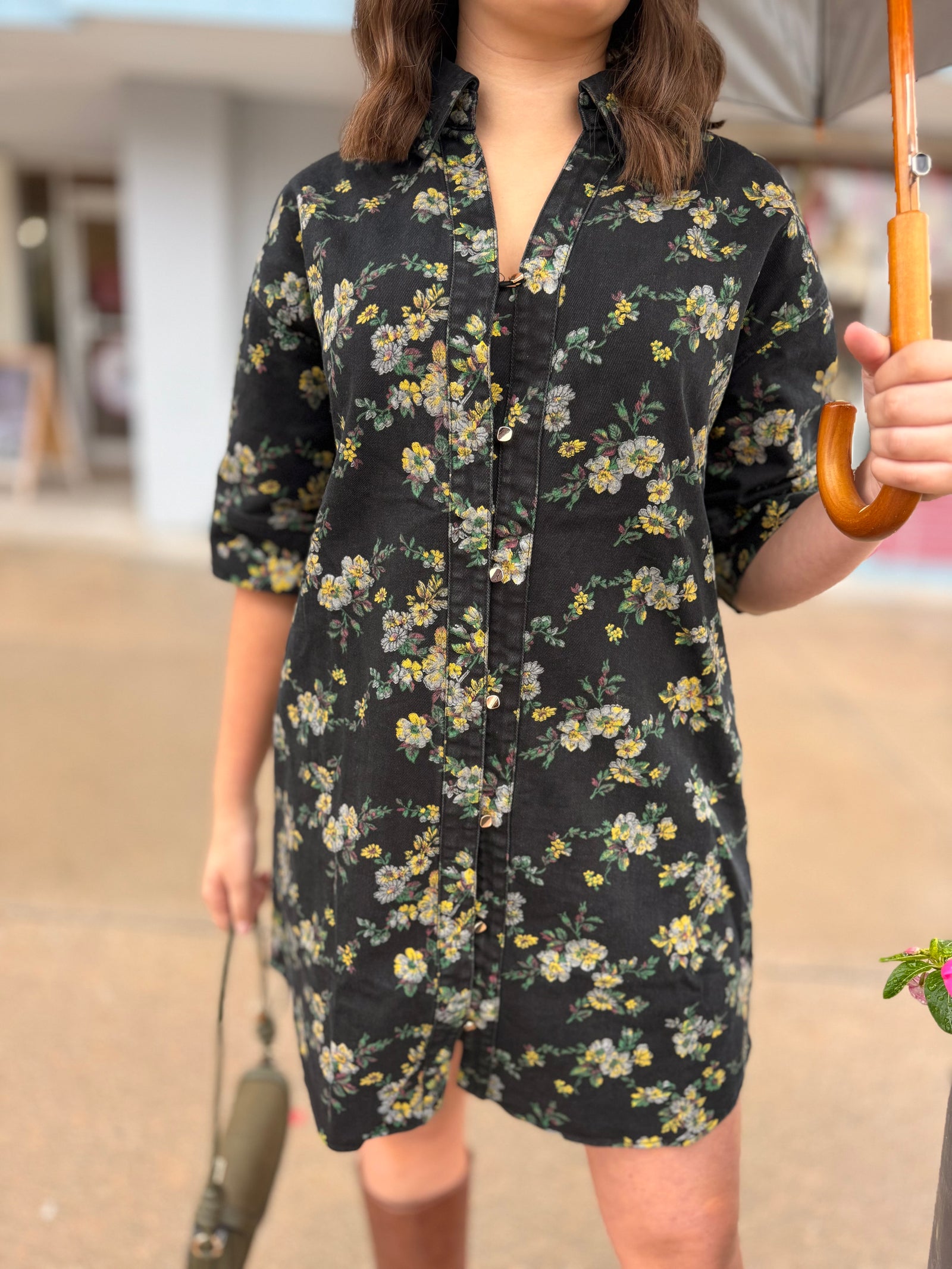 Black Denim Floral Button Up Mini Dress