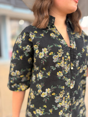 Black Denim Floral Button Up Mini Dress