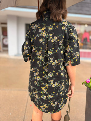 Black Denim Floral Button Up Mini Dress