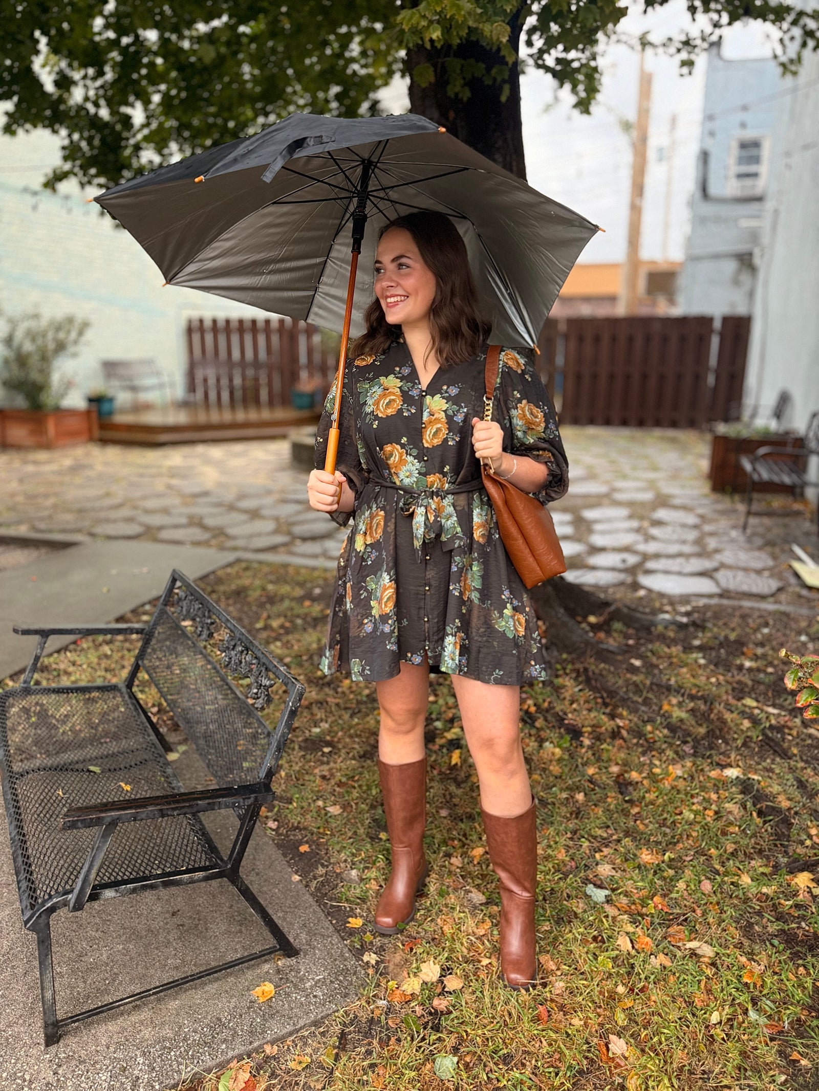 Chocolate Floral Puff Sleeve Belted Mini Dress