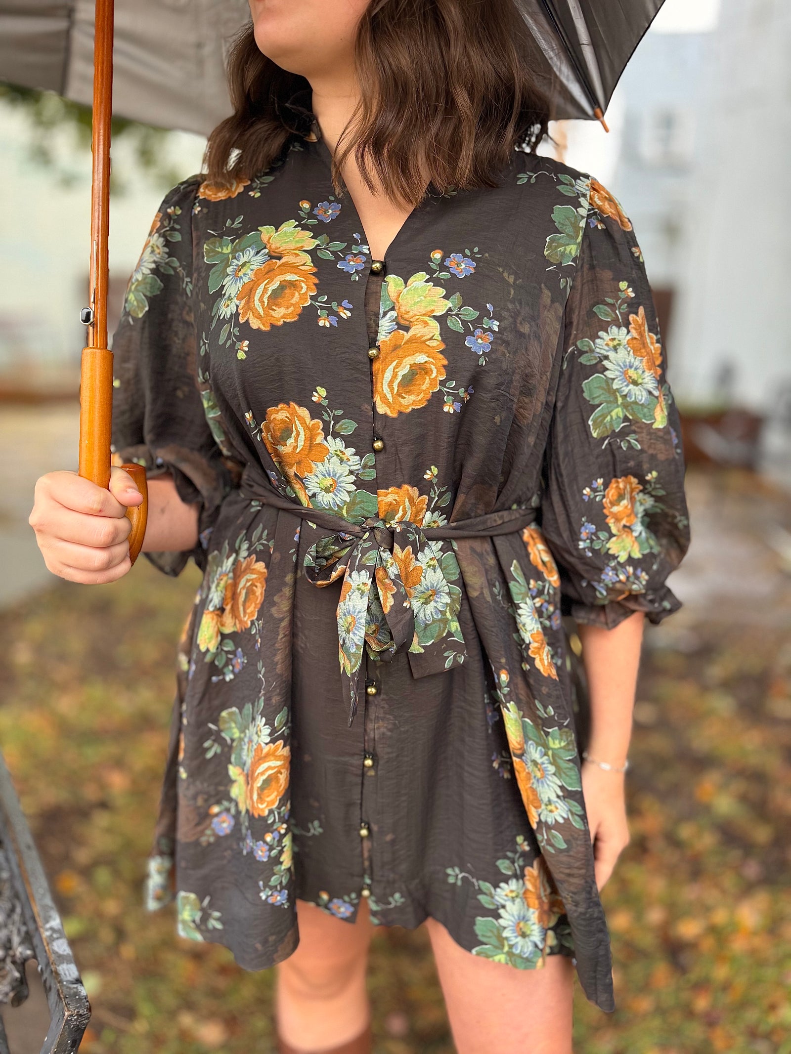 Chocolate Floral Puff Sleeve Belted Mini Dress