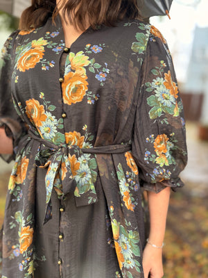 Chocolate Floral Puff Sleeve Belted Mini Dress
