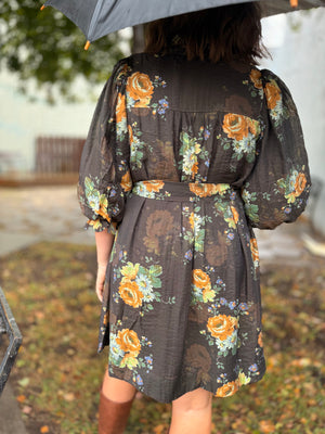 Chocolate Floral Puff Sleeve Belted Mini Dress