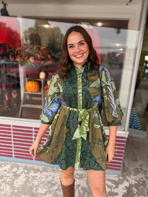 Green Multi Botanical Print Long Sleeve Mini Dress