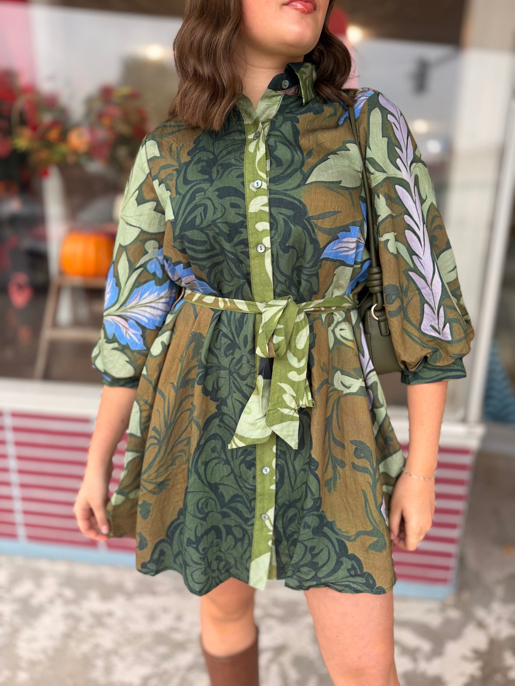 Green Multi Botanical Print Long Sleeve Mini Dress