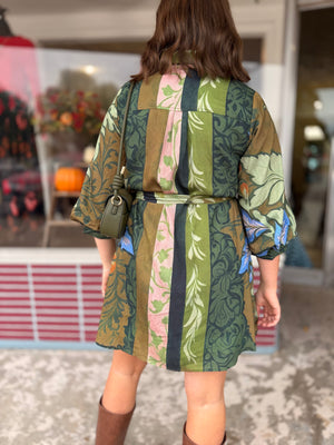 Green Multi Botanical Print Long Sleeve Mini Dress
