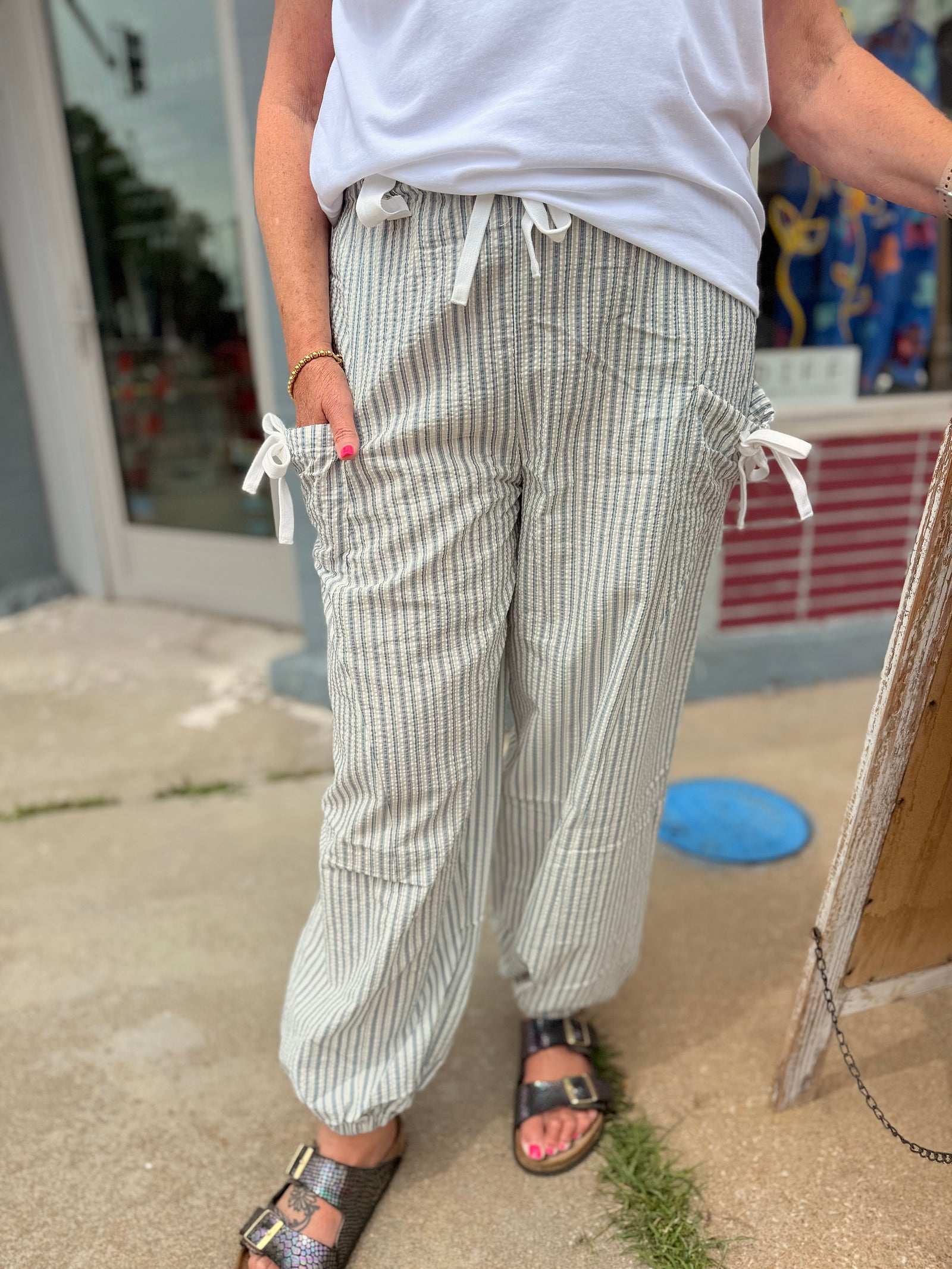 Very J White + Blue Striped Woven Pants w/ Bow Detail