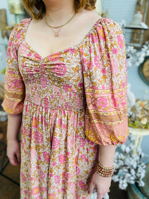 Vintage Cream Border Print Maxi Dress