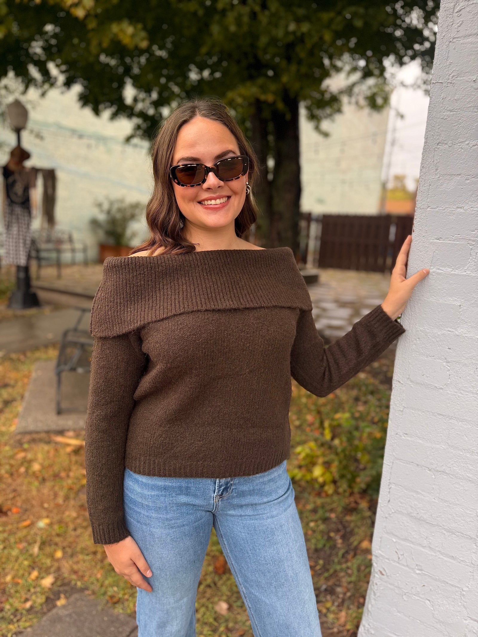 Brown Off The Shoulder Sweater Top