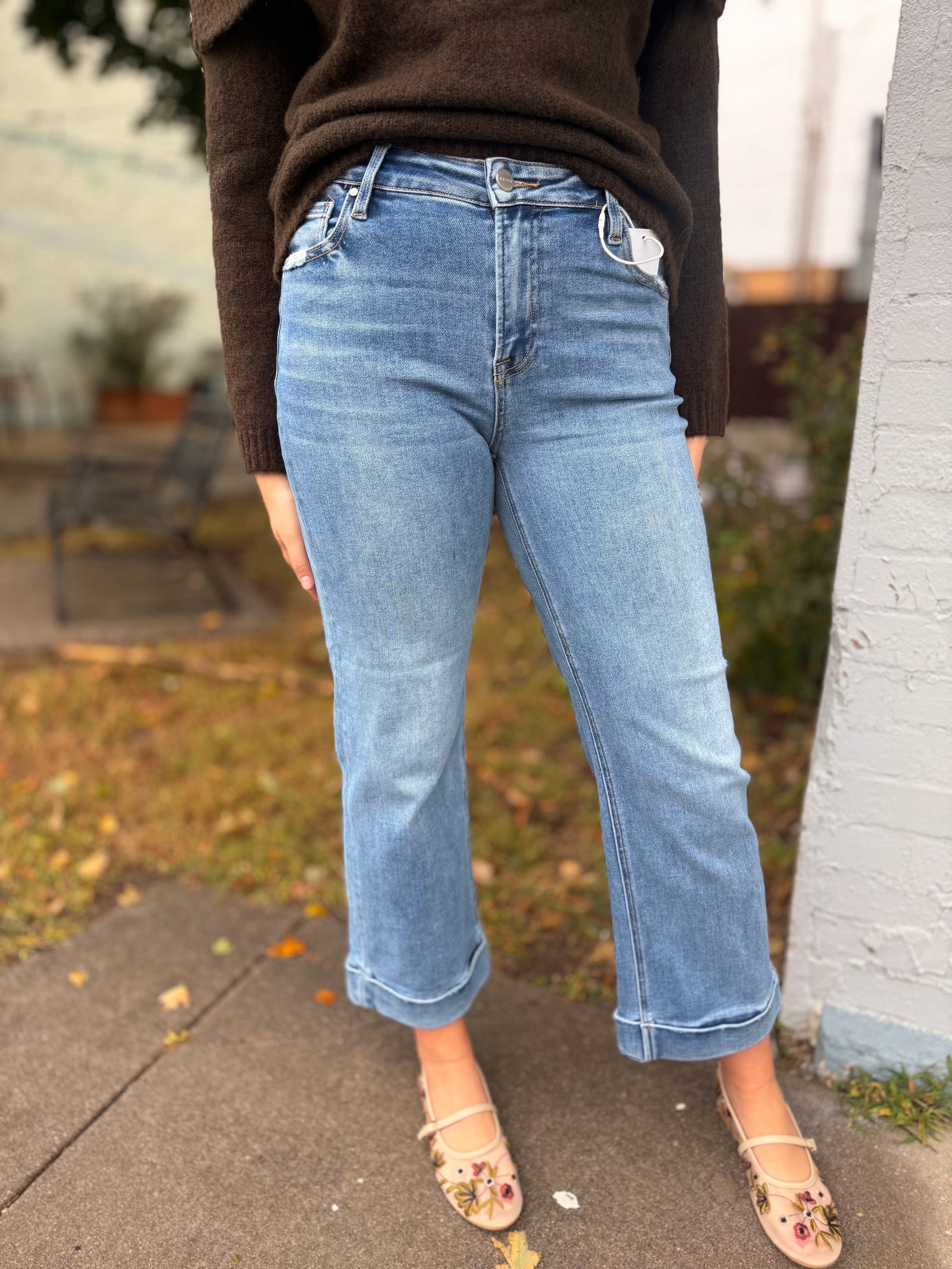 Risen Medium Wash Crop Straight Cuffed Denim