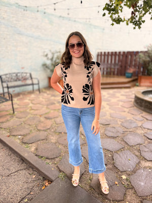Cream High Neck Floral Knit Sweater Top