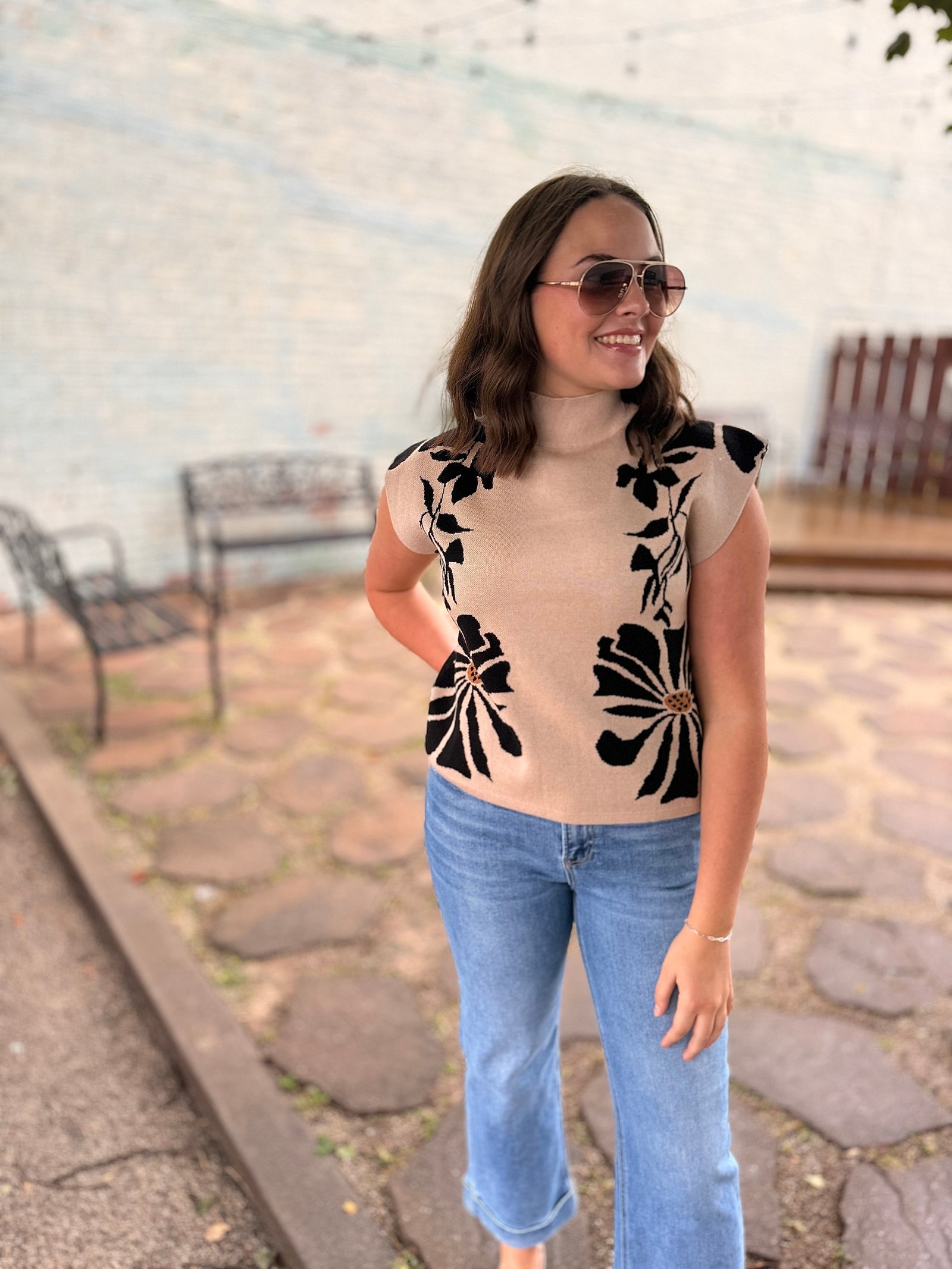 Cream High Neck Floral Knit Sweater Top