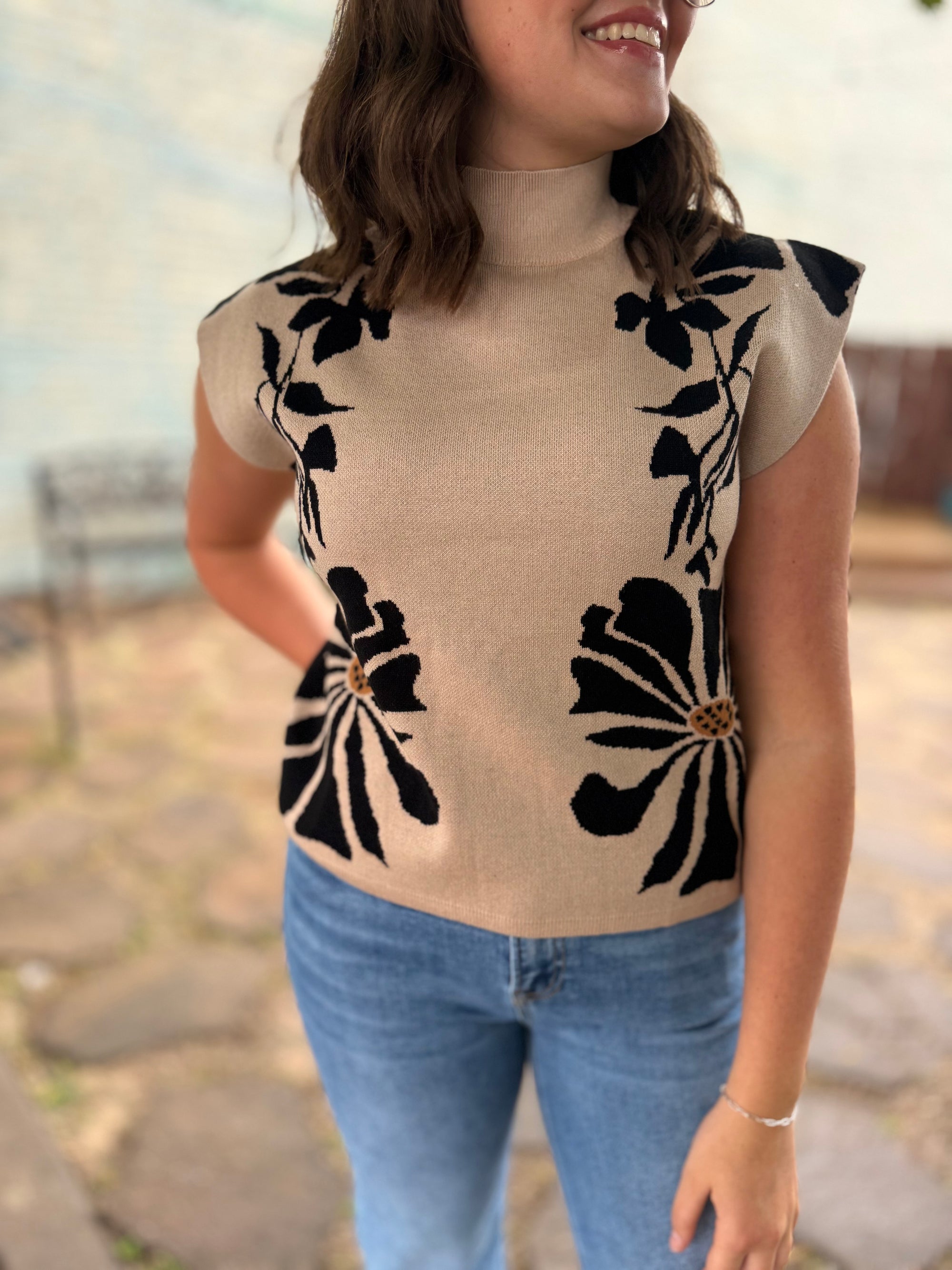 Cream High Neck Floral Knit Sweater Top