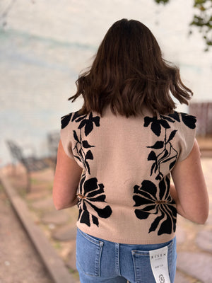 Cream High Neck Floral Knit Sweater Top