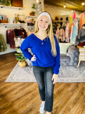 Cobalt Blue Waffle Knit Top w/ V-Neck