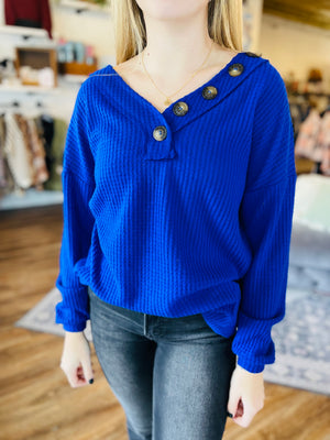 Cobalt Blue Waffle Knit Top w/ V-Neck