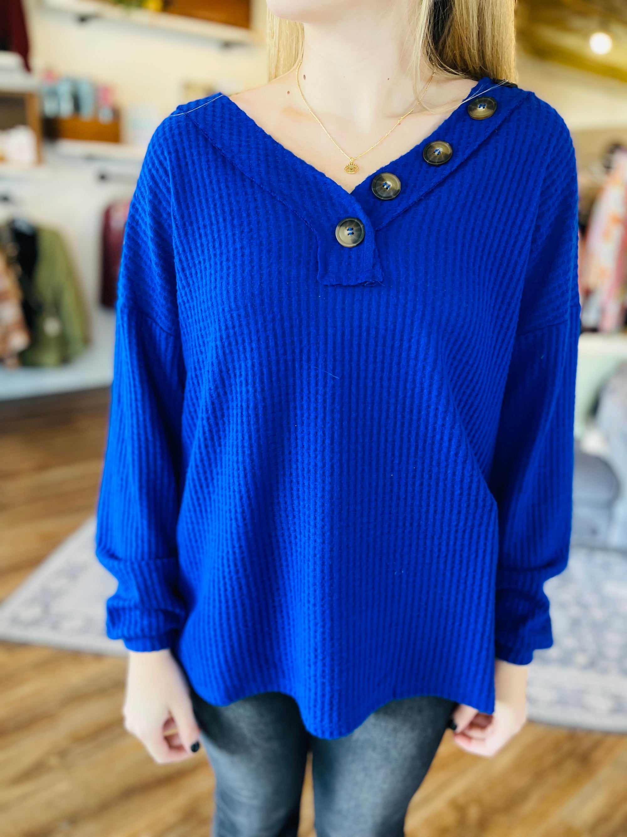 Cobalt Blue Waffle Knit Top w/ V-Neck