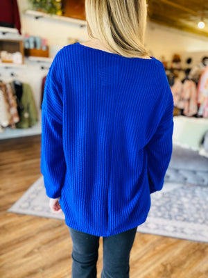 Cobalt Blue Waffle Knit Top w/ V-Neck