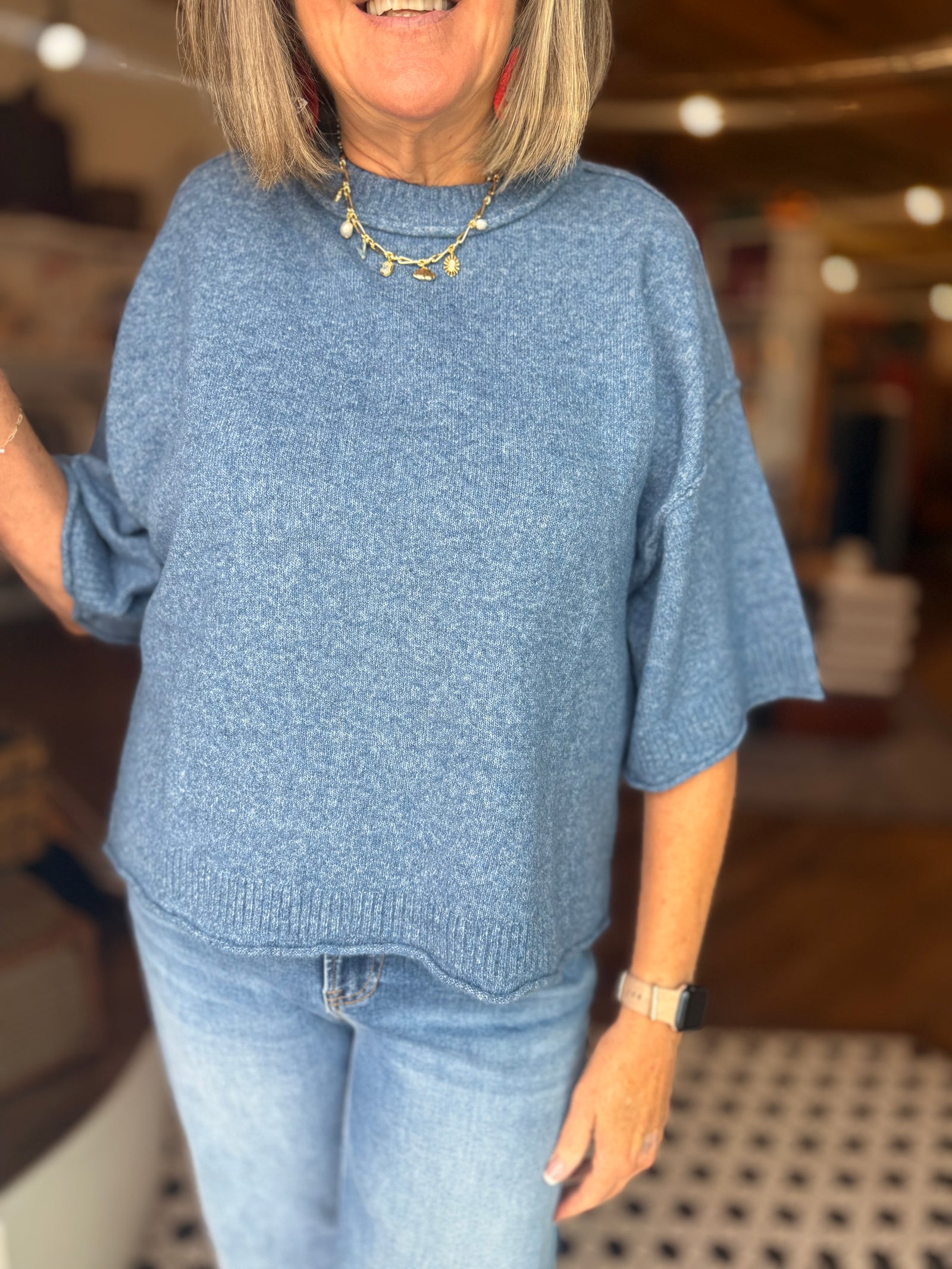Dusty Blue Short Sleeve Boxy Sweater Top