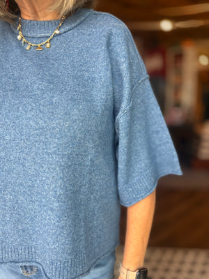 Dusty Blue Short Sleeve Boxy Sweater Top