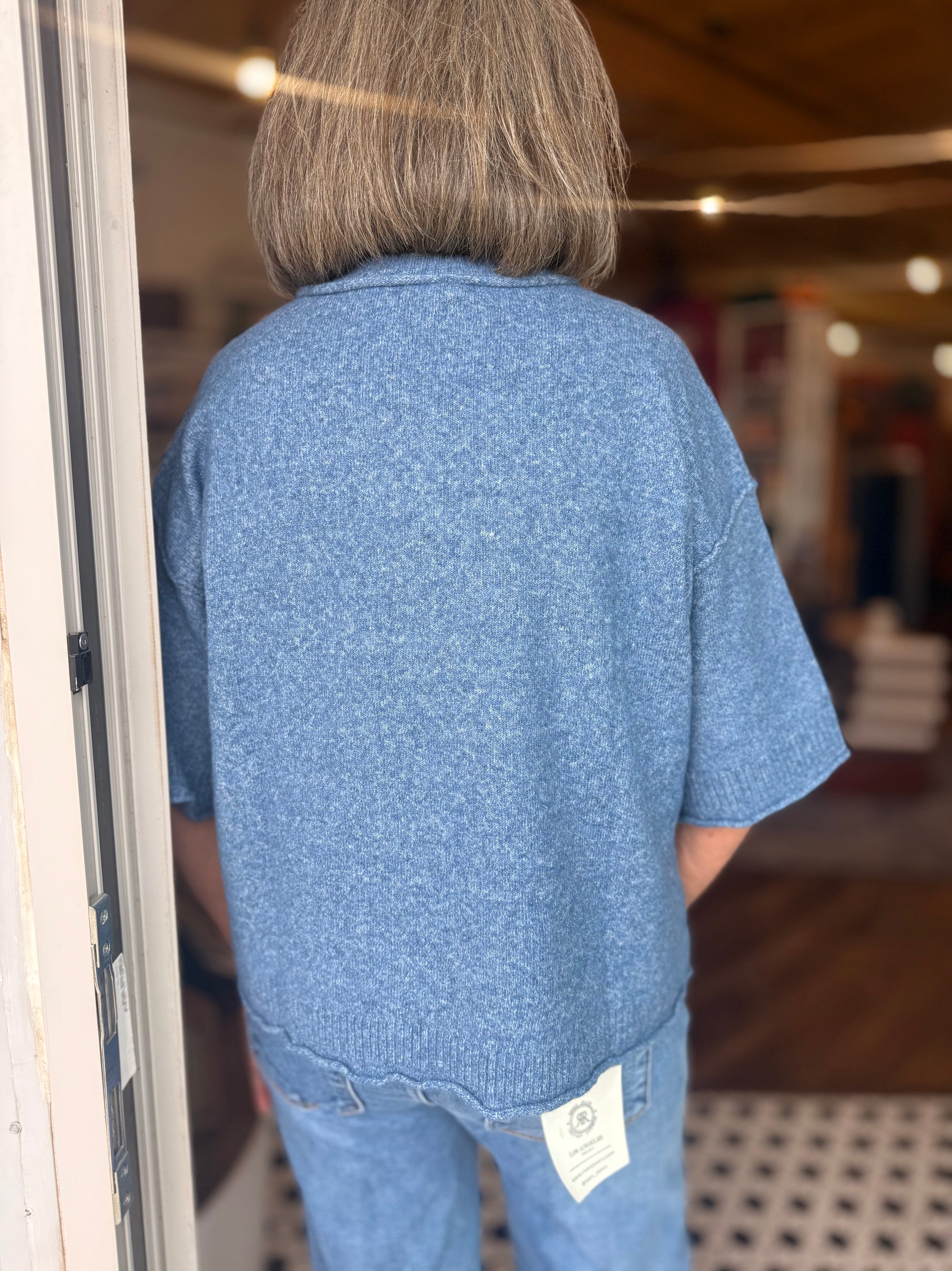 Dusty Blue Short Sleeve Boxy Sweater Top