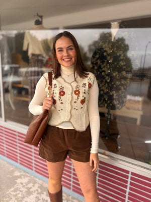 Cream Floral Embroidered Crochet Vest