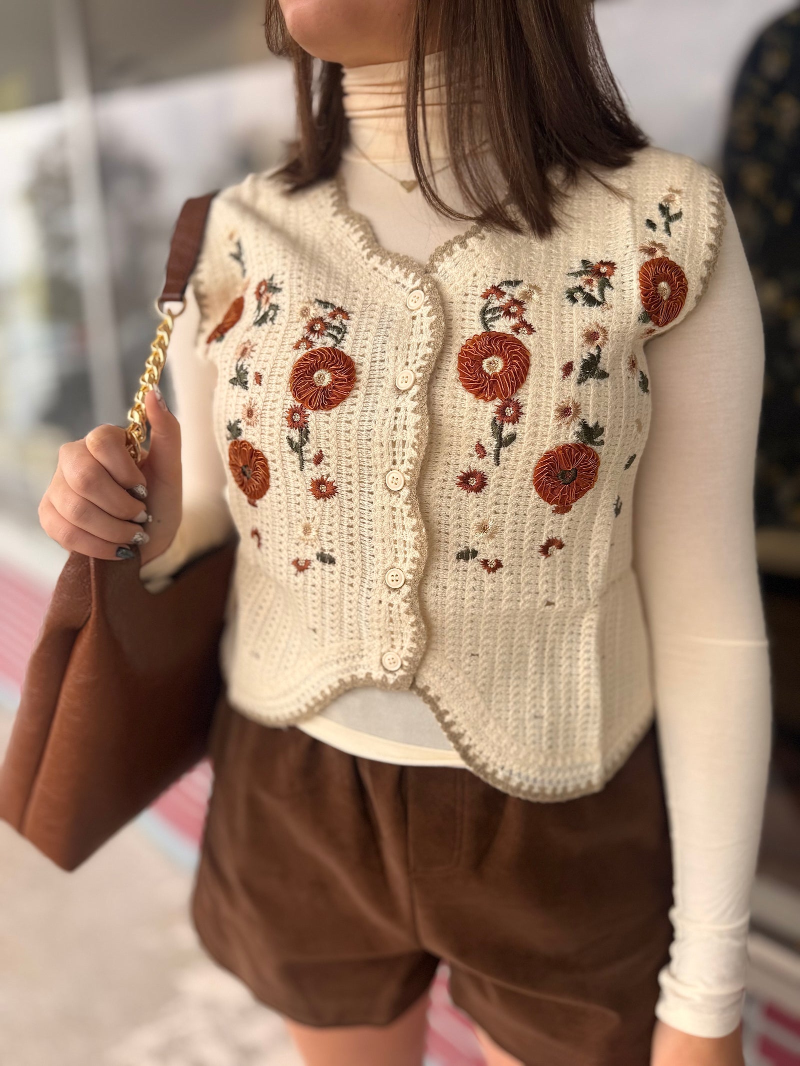 Cream Floral Embroidered Crochet Vest