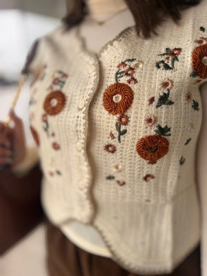 Cream Floral Embroidered Crochet Vest