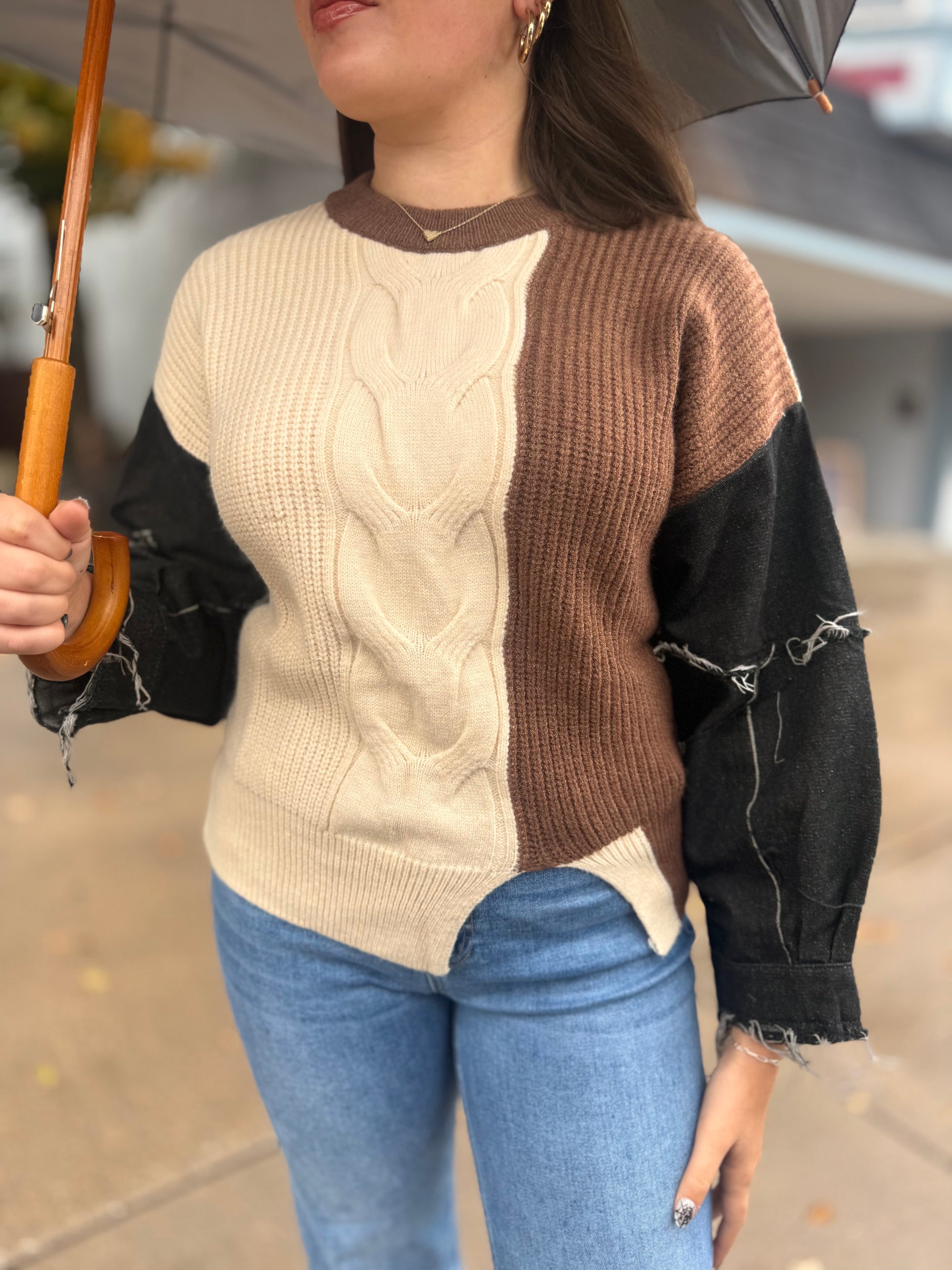 Leopard + Brown Mix Denim Sleeve Sweater