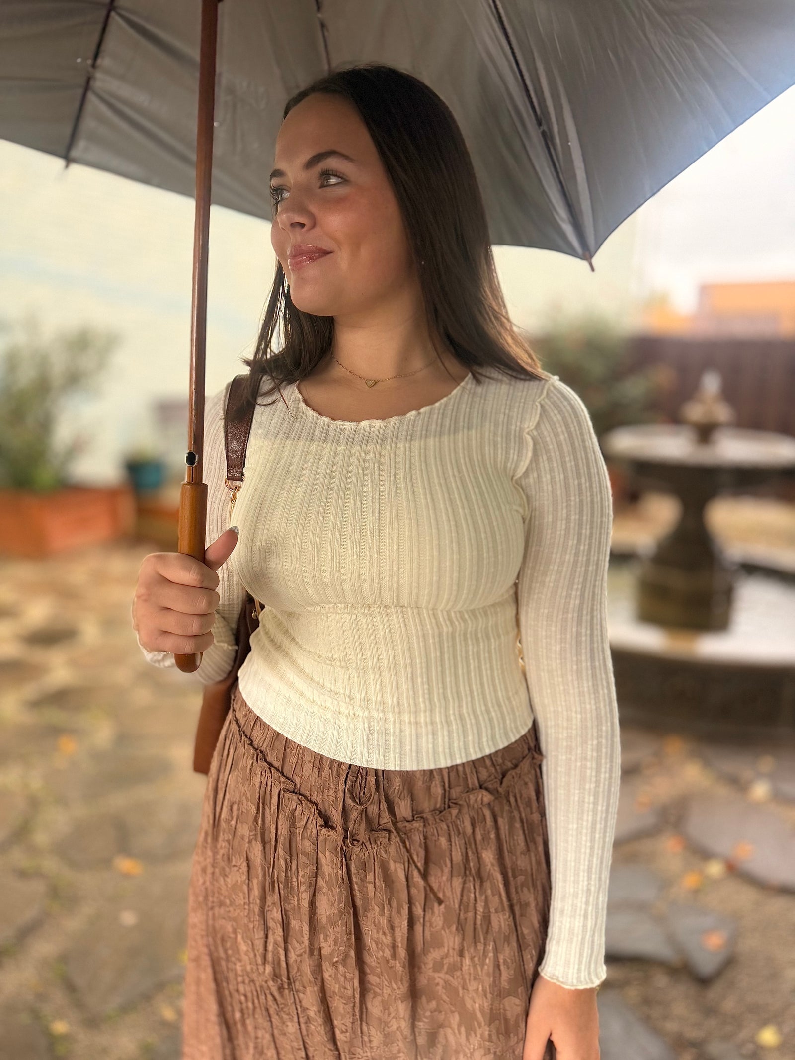 Cream Lettuce Edge Ribbed Sweater Top