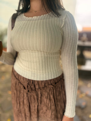 Cream Lettuce Edge Ribbed Sweater Top