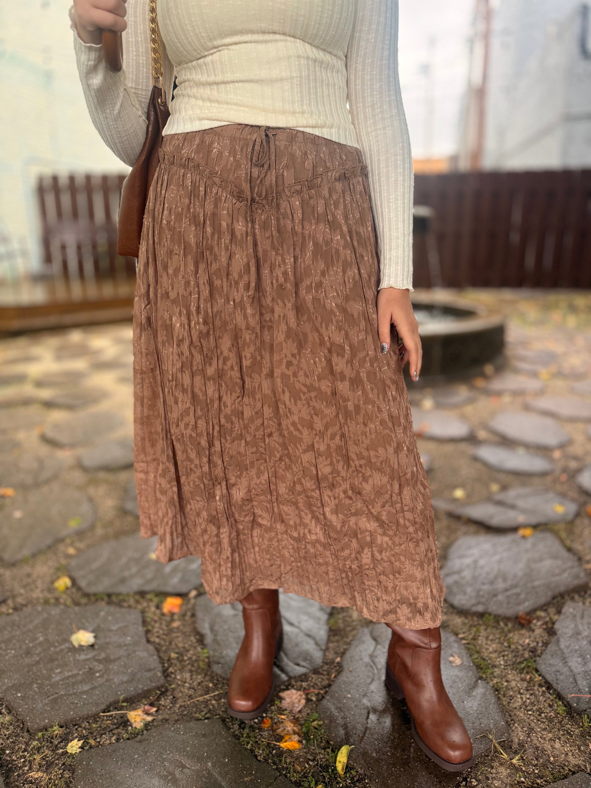 Brown Floral Texture Lace Maxi Skirt