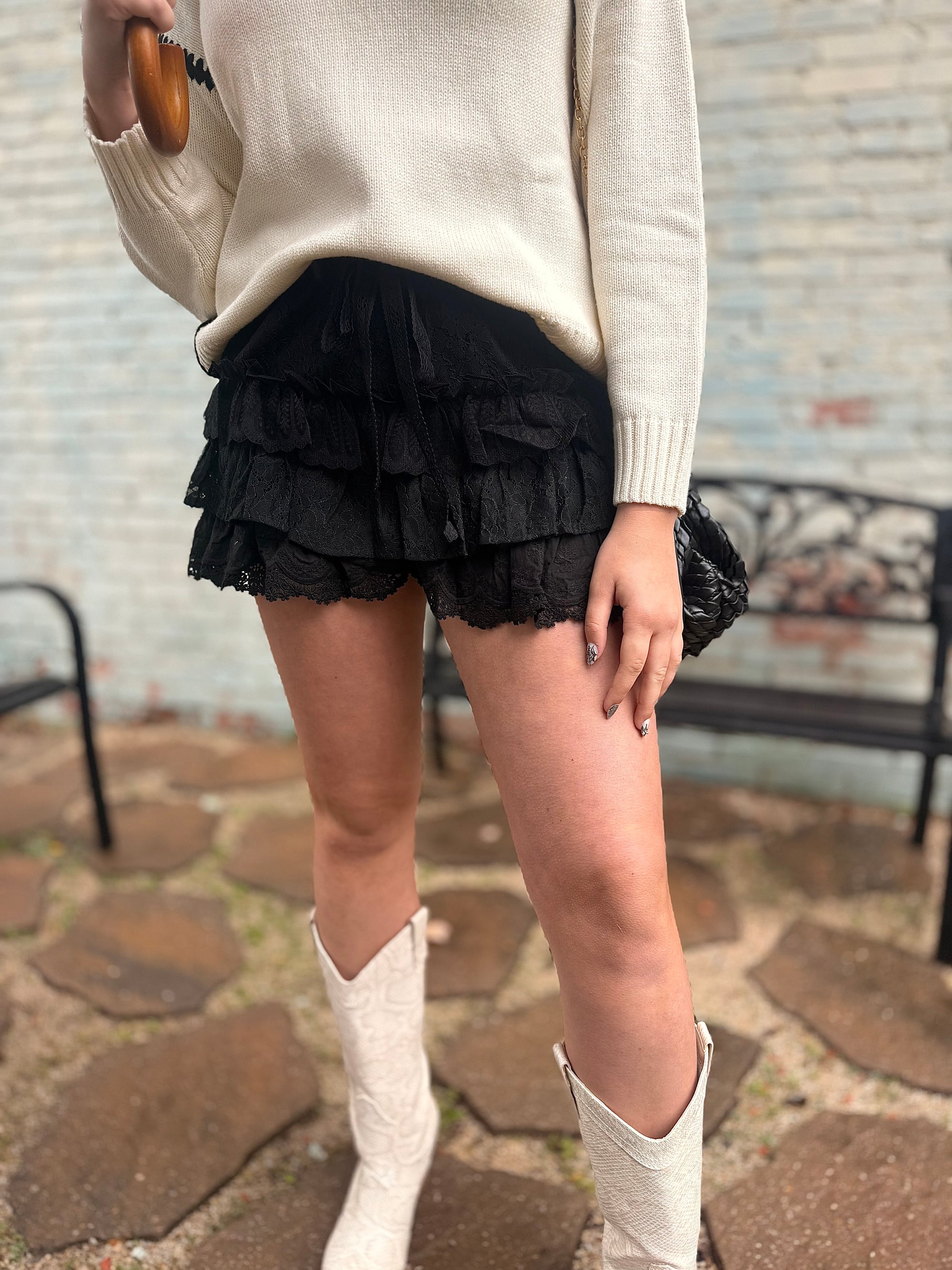 Black Lace Tiered Ruffle Shorts