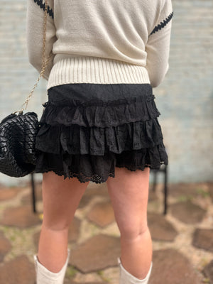 Black Lace Tiered Ruffle Shorts