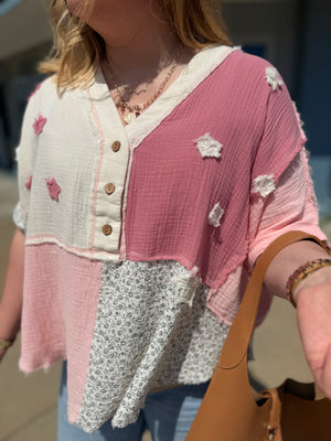 Sage + Fig Mixed Pink Star Crush Patchwork Top