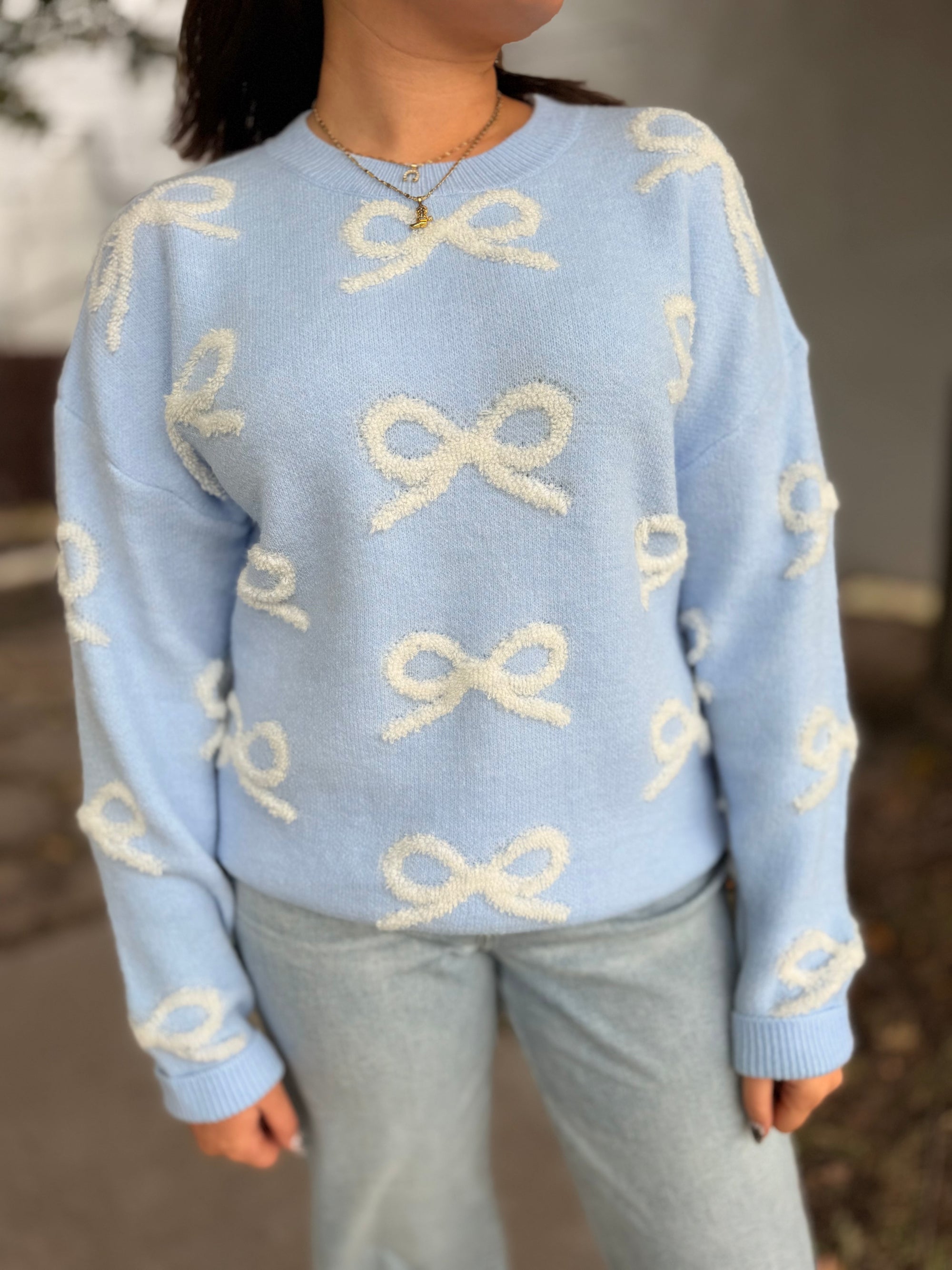 Sky Blue Textured Bow Sweater