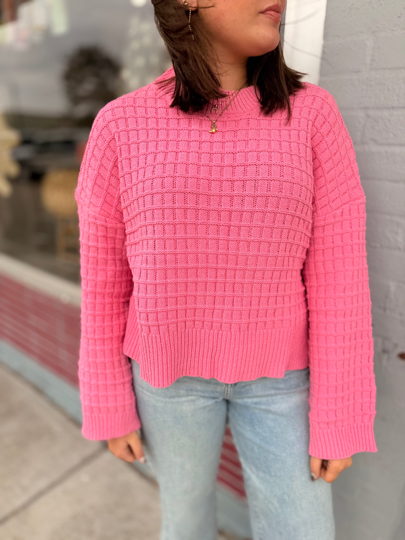 Pink Oversized Textured Knit Sweater