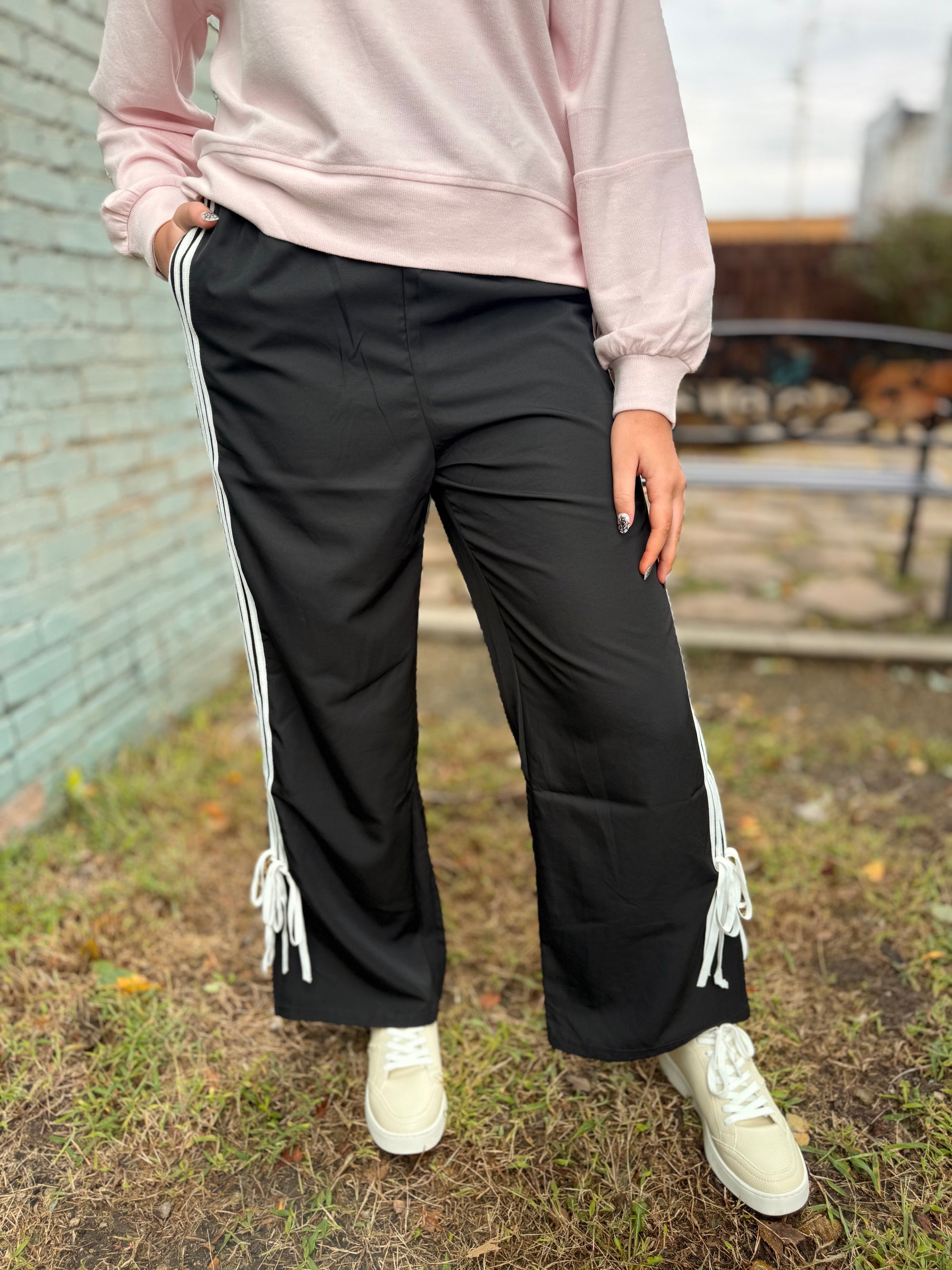Black Side Stripe Jersey Track Pant w/ Bow Detail