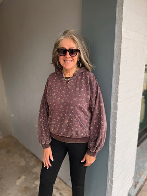 Washed Plum Floral Print Hooded Sweatshirt