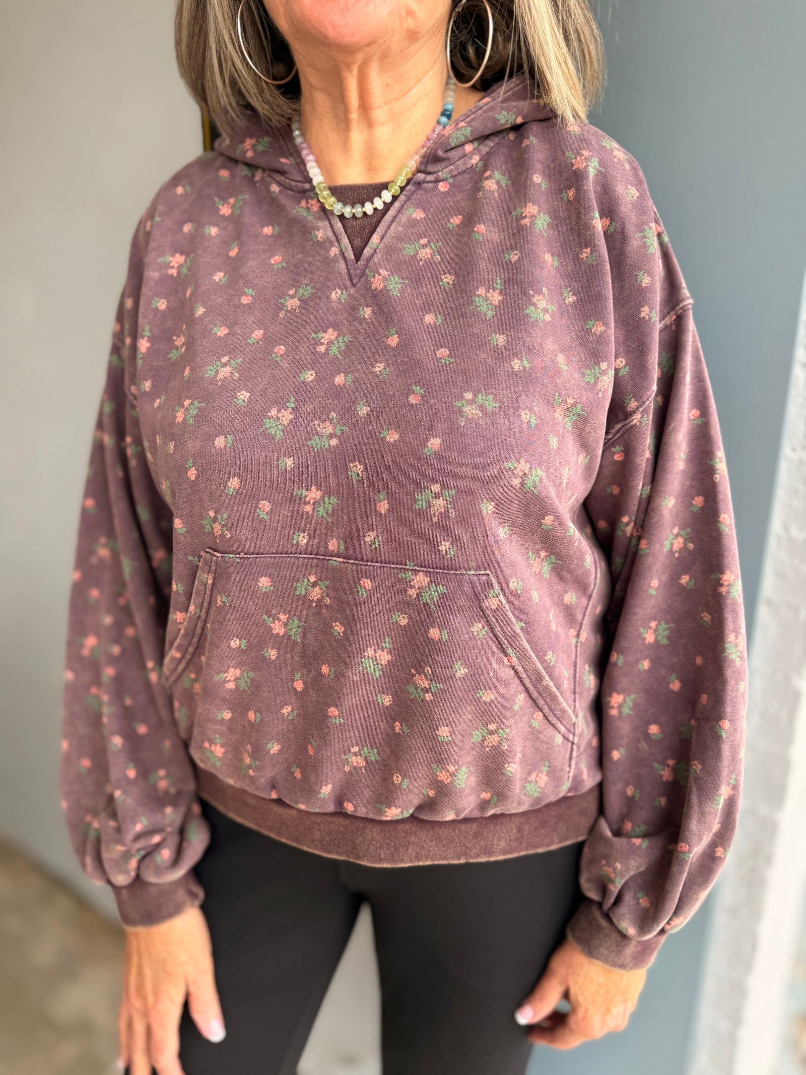 Washed Plum Floral Print Hooded Sweatshirt