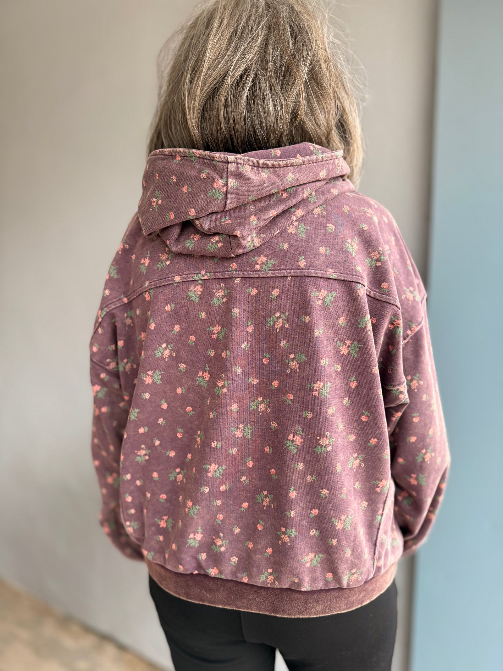 Washed Plum Floral Print Hooded Sweatshirt