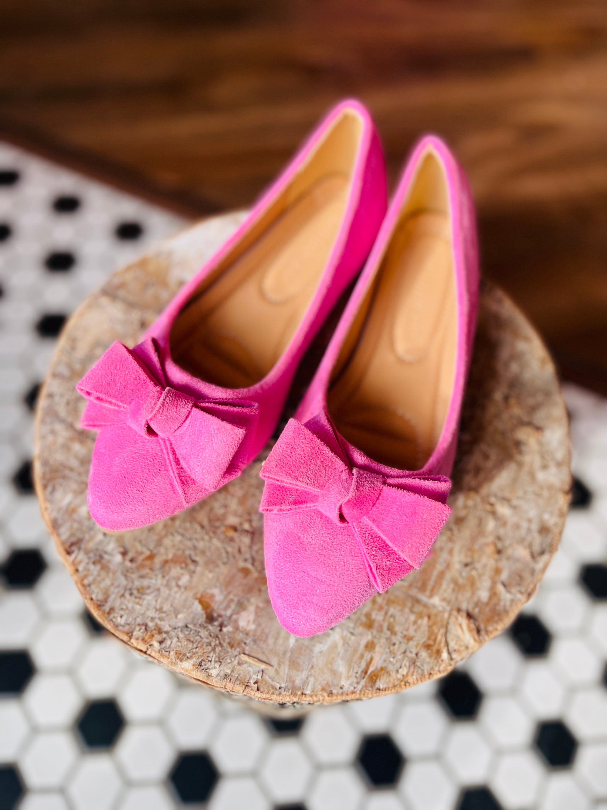 BOW DETAIL POINTED TOE BALLET FLATS - PINK