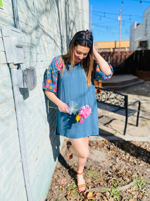Embroidered Floral Sleeve Dress - Teal