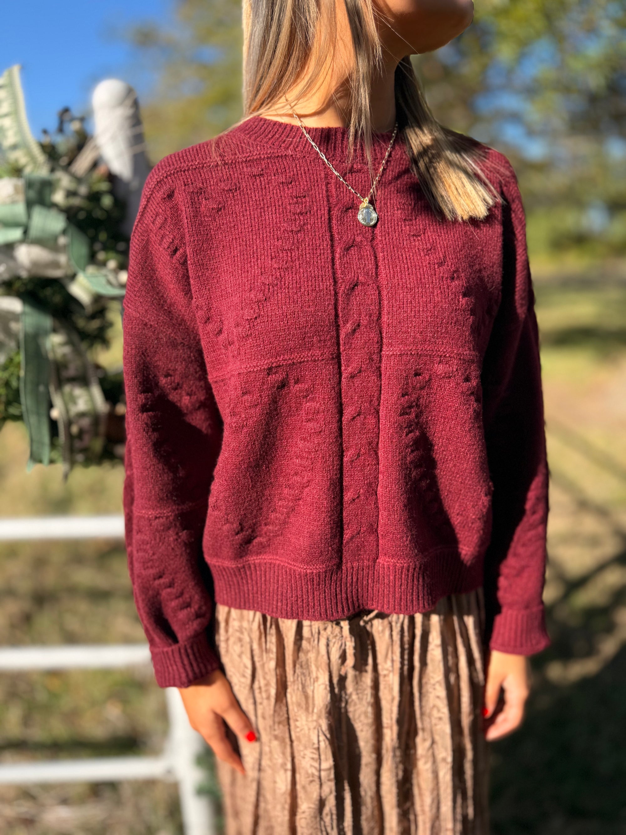 Burgundy Heart Motif Cable Knit Sweater